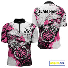 Load image into Gallery viewer, Custom Pink Grunge Eagle Scratch Dartboard men's quarter zip darts shirt, personalized dart team jersey, custom darts apparel, competitive dart league uniform