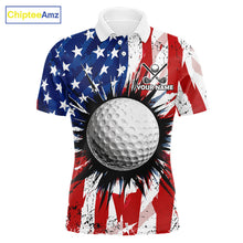 Load image into Gallery viewer, Men's patriotic grunge American flag golf polo shirt, custom UPF golf shirt, golf team apparel, USA golf clothing, performance golf polo