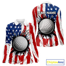 Load image into Gallery viewer, Women's patriotic grunge American flag golf polo shirt, custom UPF golf shirt, golf team apparel, USA golf clothing