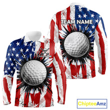 Load image into Gallery viewer, Men's patriotic grunge American flag golf long sleeves polo shirt, custom UPF golf shirt, golf team apparel, USA golf clothing, performance golf polo