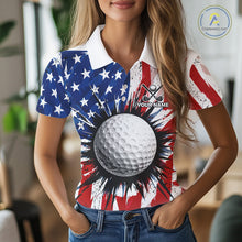 Load image into Gallery viewer, Female golfer wearing grunge American flag golf polo shirt, patriotic golf apparel, women's golf tournament clothing
