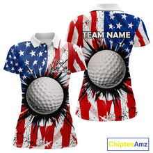 Load image into Gallery viewer, Women's patriotic grunge American flag golf polo shirt, custom UPF golf shirt, golf team apparel, USA golf clothing