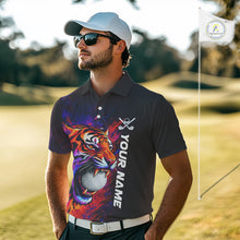 Load image into Gallery viewer, Male golfer wearing colorful tiger golf polo shirt, artistic splatter golf apparel, men's golf outfit
