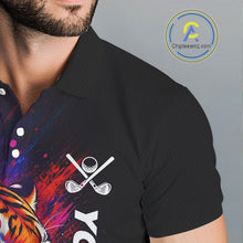 Load image into Gallery viewer, Male golfer wearing colorful tiger golf polo shirt, artistic splatter golf apparel, men's golf outfit