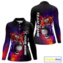 Load image into Gallery viewer, Colorful Tiger women's golf polo shirt, splatter golf apparel, tiger golf shirt, custom golf team uniform, golf gift for women