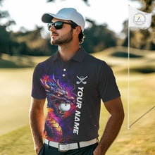 Load image into Gallery viewer, Male golfer wearing colorful dragon golf polo shirt, custom golf attire, men's golf tournament apparel