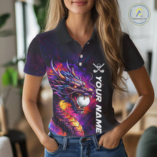 Load image into Gallery viewer, Female golfer wearing colorful dragon golf polo shirt, custom golf attire, women's golf tournament apparel