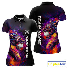 Load image into Gallery viewer, Colorful Dragon women's golf polo shirt, dragon golf apparel, splatter golf team shirt, ladies golf clothing
