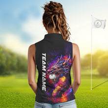 Load image into Gallery viewer, Colorful Dragon women's golf polo shirt, dragon golf apparel, splatter golf team shirt, ladies golf clothing