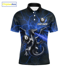 Load image into Gallery viewer, Blue flaming dragon billiard polo shirt with 8 ball design for men