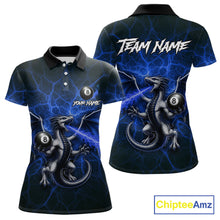 Load image into Gallery viewer, Blue flaming dragon billiard polo shirt with 8 ball design for women