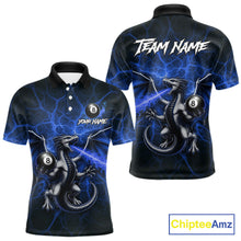 Load image into Gallery viewer, Blue flaming dragon billiard polo shirt with 8 ball design for men