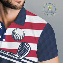 Load image into Gallery viewer, Male golfer wearing funny cat American flag golf polo shirt, personalized golf apparel, patriotic golf outfit