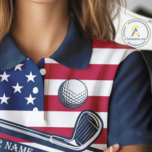 Load image into Gallery viewer, Female golfer wearing funny cat American flag golf polo shirt, personalized golf apparel, patriotic golf outfit