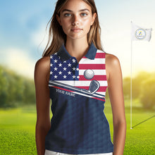 Load image into Gallery viewer, Female golfer wearing funny cat American flag golf polo shirt, personalized golf apparel, patriotic golf outfit