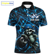 Load image into Gallery viewer, Funny cool raccoon bowling ball men's bowling polo shirt, neon blue lightning bowling jersey, custom bowling team shirt, personalized bowling apparel, bowling league uniform