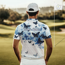 Load image into Gallery viewer, White &amp; Blue Butterflies Mens Golf Polo Shirt Custom Watercolor Golf Shirts Golf Attire NYN3155
