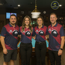 Load image into Gallery viewer, Men women billiard team wearing Red Splash 8 Ball personalized pool uniforms