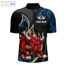 Load image into Gallery viewer, Personalized Bull Blue Flames Darts Polo &amp; 1/4-Zip Shirt For Men Funny Dart Team Dart Jerseys NYN2963