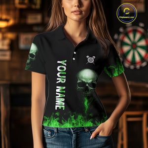 Custom Green Fire Skull Multi-Flame Dartboard Dart Women Polo Shirts, Dart Team Jerseys NYN1555
