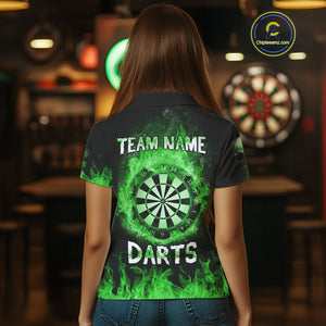 Custom Green Fire Skull Multi-Flame Dartboard Dart Women Polo Shirts, Dart Team Jerseys NYN1555