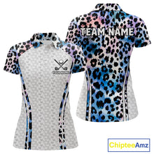 Load image into Gallery viewer, Neon blue leopard womens golf polo shirt custom golf apparel