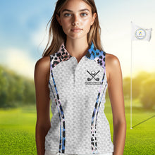 Load image into Gallery viewer, Womens Golf Sleeveless Polo Shirt Custom Neon Blue Leopard Pattern Golf Shirts ,Best Womens Golf Shirts NYN3391