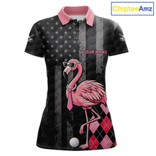 Load image into Gallery viewer, Custom Black Patriotic Golf Polo Shirts For Women, Funny Flamingo Best Golf Clothing Shirts NYN2995