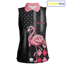 Load image into Gallery viewer, Custom Black Patriotic Golf Sleeveless Polo Shirts For Women, Funny Flamingo Best Golf Clothing Shirts NYN2995