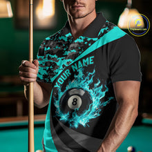 Load image into Gallery viewer, Flame 8 Ball &amp; 9 Ball Billiard Pool Shirt For Men Custom Black And Teal Camo Billiard Team Attire NYN3429