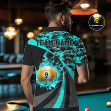Load image into Gallery viewer, Flame 8 Ball &amp; 9 Ball Billiard Pool Shirt For Men Custom Black And Teal Camo Billiard Team Attire NYN3429