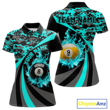 Load image into Gallery viewer, Black Teal Camo Flame 8 Ball 9 Ball Pool Shirt For Women Custom Billiard Team Jersey