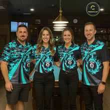 Load image into Gallery viewer, Flame 8 Ball &amp; 9 Ball Billiard Pool Shirt For Women Custom Black And Teal Camo Billiard Team Attire NYN3429