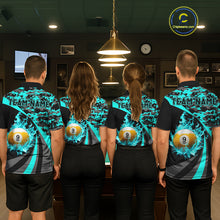 Load image into Gallery viewer, Flame 8 Ball &amp; 9 Ball Billiard Pool Shirt For Women Custom Black And Teal Camo Billiard Team Attire NYN3429