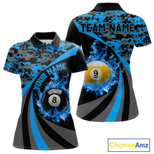 Load image into Gallery viewer, Black Blue Camo Flame 8 Ball 9 Ball Pool Shirt For Women Custom Billiard Team Jersey