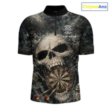 Load image into Gallery viewer, Grunge Horror Grey Skull Vintage Dartboard &amp; Arrow Men Darts 1/4-Zip Shirt Custom Dart League Shirts NYN2642