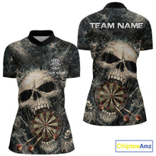 Load image into Gallery viewer, Grunge Horror Grey Skull Vintage Dartboard &amp; Arrow Women Darts 1/4-Zip Shirt Custom Dart League Shirts NYN2642