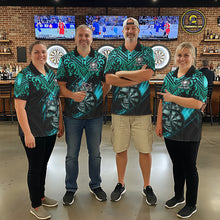 Load image into Gallery viewer, Teal Tribal Cracked Crown Skull Dartboard Men Darts Polo Shirt Custom Dart League Shirt NYN2648