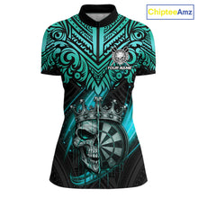 Load image into Gallery viewer, Teal Tribal Cracked Crown Skull Dartboard Women Darts 1/4-Zip Shirt Custom Dart League Shirt NYN2648