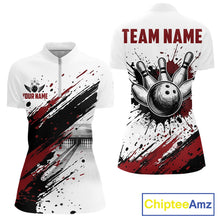 Load image into Gallery viewer, Black and red splatter paint bowling ball and pins shirt for women custom bowling attire