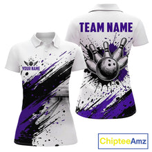 Load image into Gallery viewer, Black and purple splatter paint bowling ball and pins shirt for women custom bowling attire