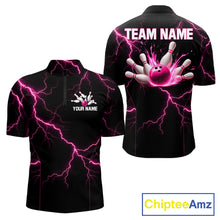 Load image into Gallery viewer, Thunder Lightning Men Bowling Shirt Custom Pink Splatter Bowling Ball &amp; Pins Team Shirts NYN3192