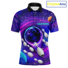Load image into Gallery viewer, Men's purple blue abstract bowling polo shirt custom bowling team jersey mockup