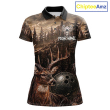 Load image into Gallery viewer, Funny deer grunge forest bowling polo shirt for women brown bowling jersey mockup