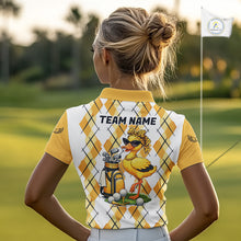 Load image into Gallery viewer, Womens Funny Duck Golfer Polo Golf Shirts Custom White Yellow Argyle Golf Team Attire For Golfers NYN3057