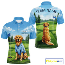 Load image into Gallery viewer, Men's Golden Retriever golf polo shirt mockup custom funny golf shirt matching couples golf apparel