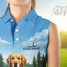 Load image into Gallery viewer, Woman wearing Golden Retriever golf sleeveless polo shirt on golf course matching couples golf outfit