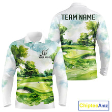 Load image into Gallery viewer, Men's green watercolor golf course polo shirt mockup personalized golf apparel