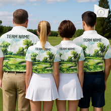 Load image into Gallery viewer, Men's golf team wearing green watercolor golf course polo shirts