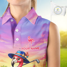 Load image into Gallery viewer, Woman wearing flamingo island golf sleeveless polo shirt on golf course